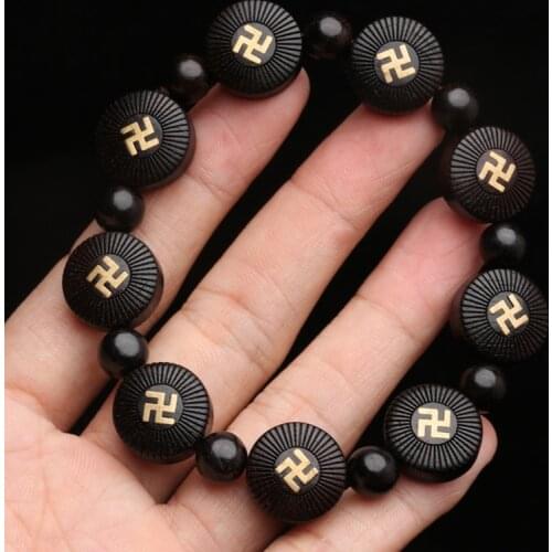 Tibetan Buddhism Ebony Bracelet Auspicious Symbol Swastika Logo Handmade Inlaid Unisex Bracelet