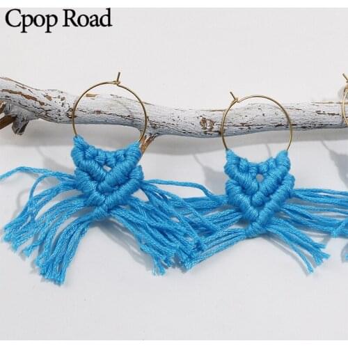 Cpop Fashion Handmade Weave Macrame Tassel Earrings Ethnic Blue Cotton Pendant Dangle Earrings Bridesmaid Jewelry Accessories