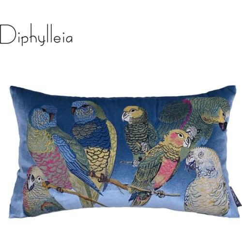 Diphylleia American Country Style Luxury Cushion Cover Colorful Parrot Embroidered Royal Blue Throw Pillow Case For Living Room