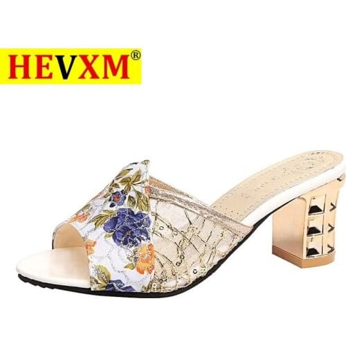 HEVXM Summer Fashion Flowers Peep Toe Hollow Crystal Rivets Bling Mesh Women Slippers Open Toe Cut Out Mixed Colors Lady Shoes