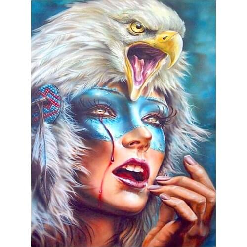 Indian Woman and Eagle Diamond Painting Portrait Round Full Drill Nouveaute DIY Mosaic Embroidery 5D Cross Stitch Home Decor