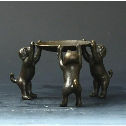 Collectible Old Handwork Bronze Carved 3 Dogs Climb Plate Candle Stick