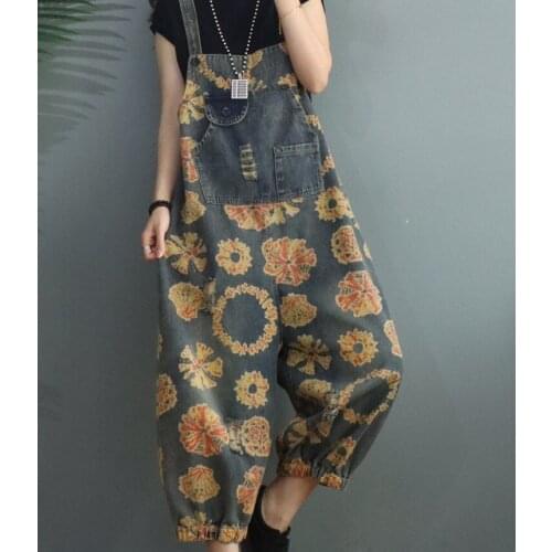 Spring Summer Denim Jumpsuits Women Print Hole Washed Bleached Loose Pocket Female Sweet Patchwork Bodysuits