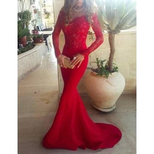 Red Mermaid Evening Dresses With Long Sleeves Sheer Lace Top Sweep Train Women Sexy Prom Dress Vintage Formal Party Gown Vestido