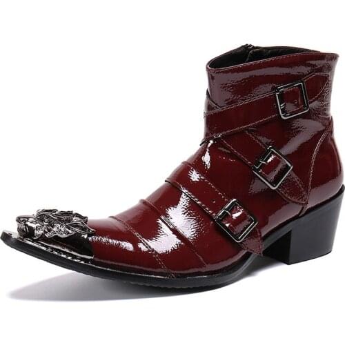 Personality Designer Black Red Real Leather Men Ankle Boots Club High Heels Men Short Boots Male Party Leather Shoes Big Size