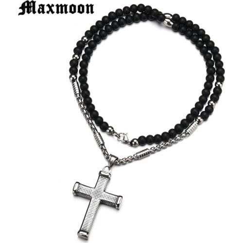 Maxmoon 3.5mm Black stone Beads with Stainless Steel cross Pendant Mens Rosary Necklace Mens Mala jewelry