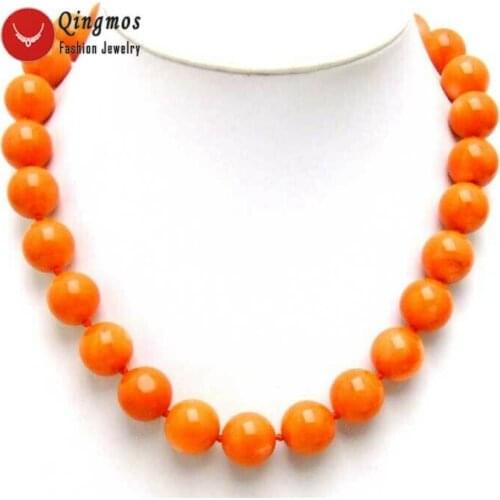 Qingmos Fashion 14-15mm Round Natural Orange Coral Necklace for Woman with Genuine Coral Stone Jewelry 18" Chokers nec5214