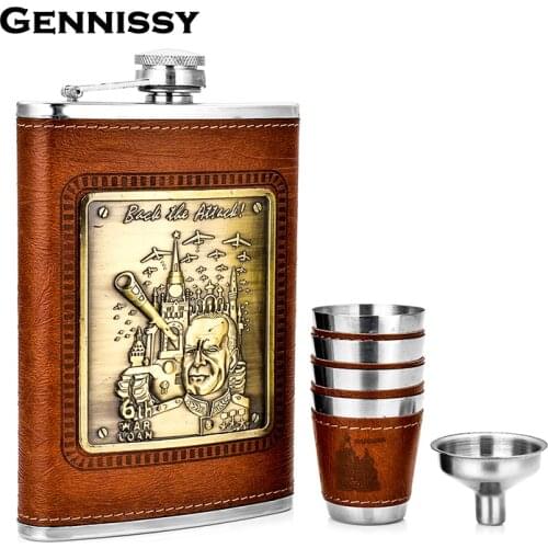 GENNISSY War Printed Brown Leather Wrap Military Flask Set Outdoor Sport Portable Mini Stainless Steel Drink Flasks As Souvenir