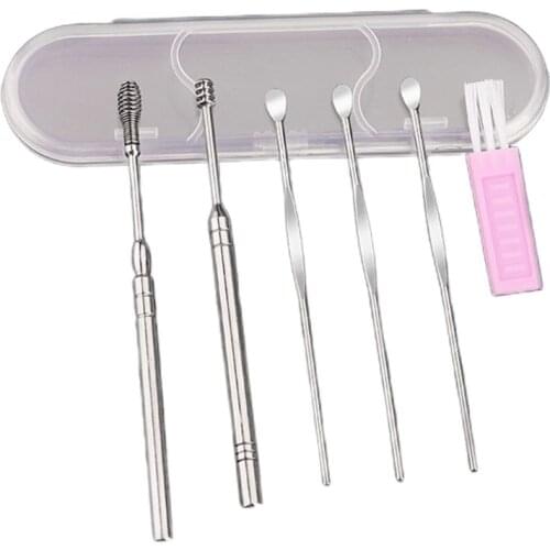 6Pcs/Set Stainless Steel Ear Wax Removal Tools Kit Hygiene Care Spiral Spring Curette Earpick Cleaning Spoons with Brush