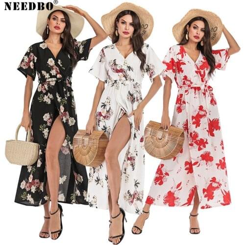 NEEDBO Boho Dress Maxi Long Dresses Casual Summer Vintage Dress Sexy Beach Dresses Women Floral Elegant Short Sleeve Vestidos