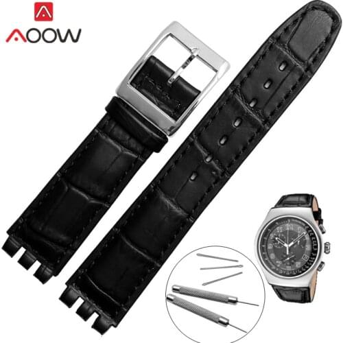 17mm 19mm Genuine Cow Leather Strap Stainless Steel Buckle Men Women Replacement Bracelet Watch Band for Swatch Red Brown Blue