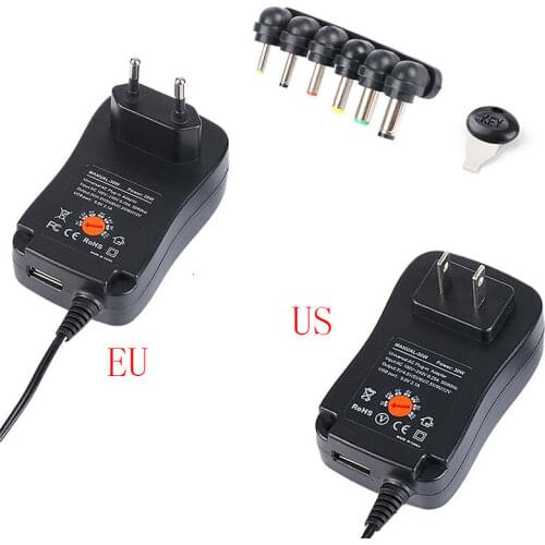 Universal 30W US/EU Power Adapter DC 3V 4.5V 5V 6V 7.5V 9V 12V DC Charger Converter+5V 1.2A USB Port With 6 Pcs jack