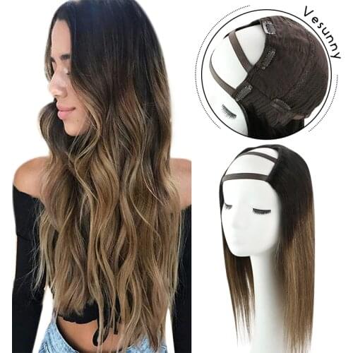 Vesunny U Part Human Hair Wig Ombre Clip in U Part Half Wig Remy Hair Extensions Medium Cap Caramel Blonde