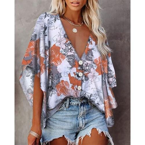 Ladies Casual Summer Deep V-Neck Tie-Dye Flower Print T-Shirt Tops Oversize Bat Short Sleeve Loose Streetwear Women Button Sexy