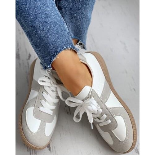 Women Casual Sneaker Flat Patchwork Lace Up Rubber Sole Round Toe Corss Tie Sewing Ladies Shoes Female Comfortable Whosale 2020