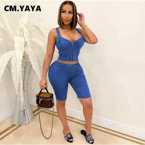 CM.YAYA Women Set Imitation Denim Print Sleeveless Zip Crop Camis Skinny Shorts Two 2 Piece Sets Casual Fashion Outfit Summer