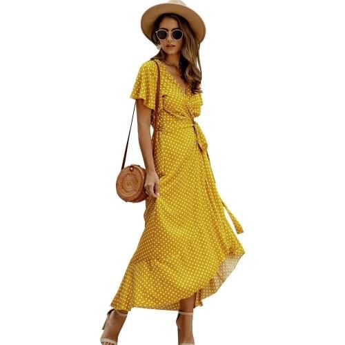 Summer dress Women V Neck Short Sleeve Polka Dots Print Ruffled Hem Belt Long Dress robe femme robe femme платье