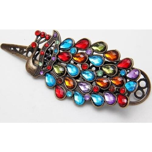1Pcs Luxury Ladies Vintage Colorful Hair Pin Rhinestone Gem Antique Bronze Peacock Barrette Hairpin Hair Clip