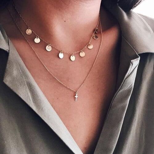 2 Pcs/Set Women Fashion Cross Round Chain Pendant Tassel Gold Double Layer Necklace Classic Accessories Charm Lady Necklace Set