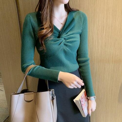 2020 New Women Autumn Winter Simple Sexy V-neck Criss-Cross Pullover Tops Female Slim Full Sleeve All-match Knitted Sweaters S59