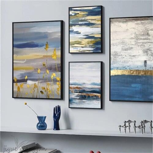 Abstract Gold Foil Block Painting Blue Poster Print Modern Golden Wall Art Picture for Living Room Navy Decor Big Size Tableaux