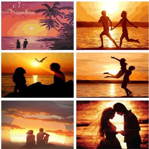 5D Full Drill Diamond Painting Golden Sunset Seaside Couple Lover Portrait Diamond Embroidery Seascape Handicraft Decor DIY Gift