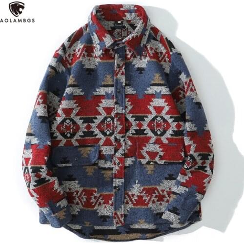 Aolamegs Hit Color Vintage Folk-custom Pattern Print Shirts Men Long Sleeve Thicken Casual All-match Shirt Autumn Men Streetwear