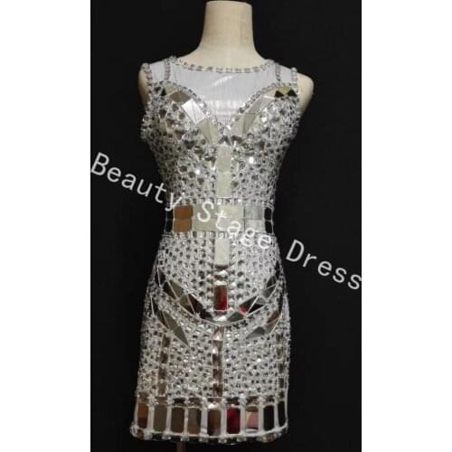 Sparkly Crystals Mirrors Dress Stage Wear Silver Shinging Dress Women Singer Rhinestones Evening Luxurious Outfit