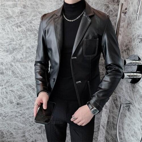 British leather suit mens jacket autumn winter fashion casual white line korean style slim youth dress black fashion clothes