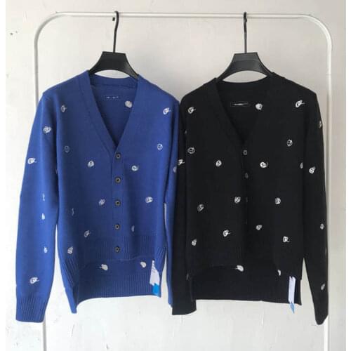 Black blue cardigan V-neck embroidered sweater mens women knit sweatshirt