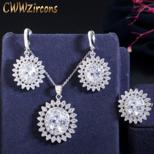 CWWZircons 3 piece Fashion Ladies Jewelry Set High Quality Big Cubic Zirconia Summer Flower Earring Necklace and Ring Sets T003