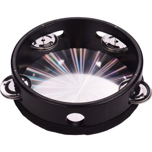 4/6Inch Wooden Radiant Tambourine Handbell Hand Drum with Single Row Jingles Reflective Drum Head Percussion Musical Instrument