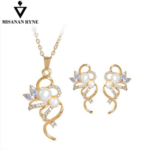 MISANANRYNE Fashion Design Jewelry Set Imitation Pearl Golden Necklace earrings bracelet set for Women Fashion Wedding jewelry