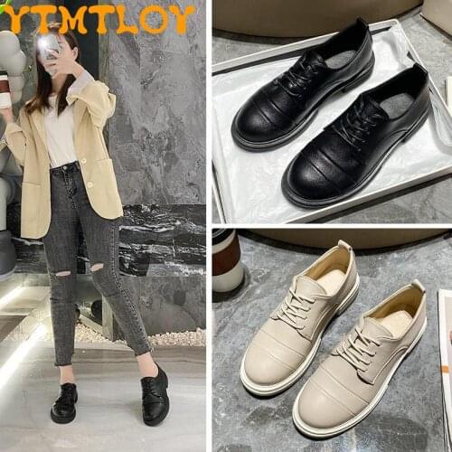 2021 Spring And Autumn Leather Lace-up Casual Shoes, Thick-soled Handmade, Beige Black Flat-soled Womens Shoes, All-match Fashi