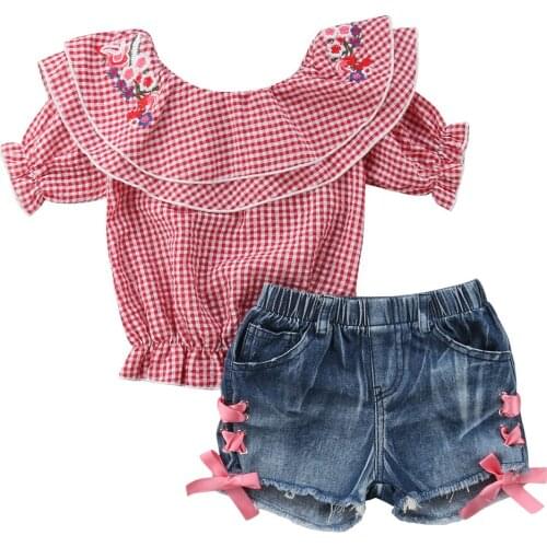 Cute Newborn Kids Baby Girls Off Shoulder Flower Tops Denim Pants Shorts Outfit Size 2-6T