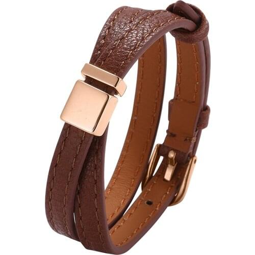 Couple Jewelry Brown Leather Bracelet Women Men Golden / Rose Gold Alloy Buckle Wrap Bracelets Length Adjustable BB0668