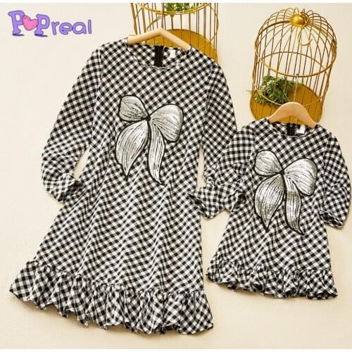 PopReal Spring Autumn Fashion Plaid Bow Print Family Dress Mom And Daughter Skirt Mother Kids Family Matching Outfits Round Neck