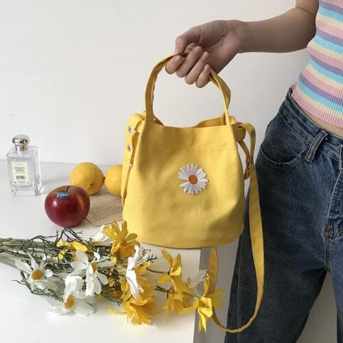 Casual Daisy Mini Canvas Shoulder Bag for Women 2021 Totes Ladies Crossbody Vintage Cloth Bucket Pouch Girls Small Purse Handbag