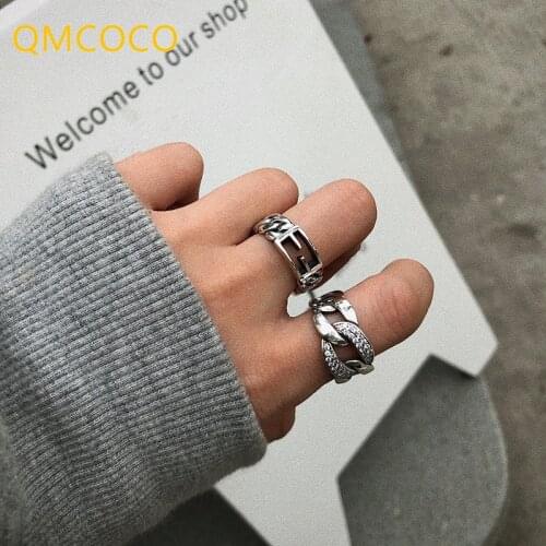 QMCOCO 925 Silver Lock Chain Rings For Women And Man Handmade Twisted Geometric Rings For Party Jewelry Gifts