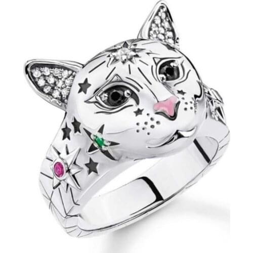 Silver Plated Cute Cat Rings for Women Crystal Zircon Carved Star Fashion Creative Finger Ring Girls Party Gift Boho Jewelry