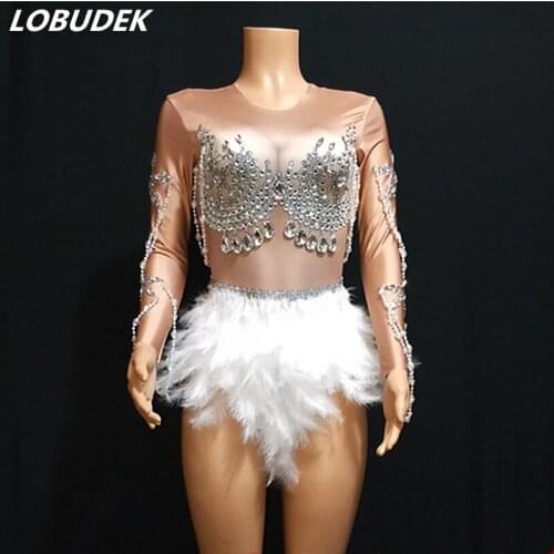 Sexy Nightclub Crystals White Feathers Elastic Leotard Rhinestones Bodysuit Bar Party Show Stage Costume Performance Dance Wear