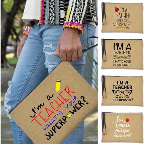 Teacher Whats Your Superpower Women Zipper Clutch Linen Female Envelope Wristlets Causal Large Capacity Handbag Teacher Life