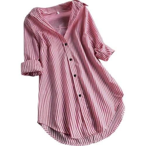 Woman Blouse High Quality Stripe Plus Size Long Sleeve Blusas Turn-down Collar Button Loose Top Shirts Blouse