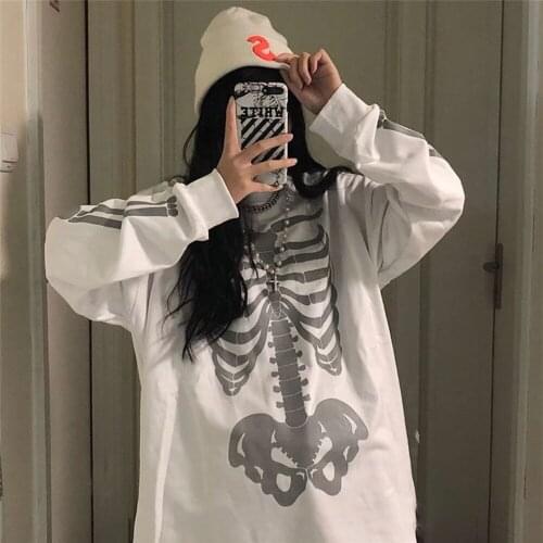 Hip-Hop Style Women Loose T-Shirt Creative Human Skeleton Printing Round Collar Long Sleeve Tops Casual Pullover Spring Autumn