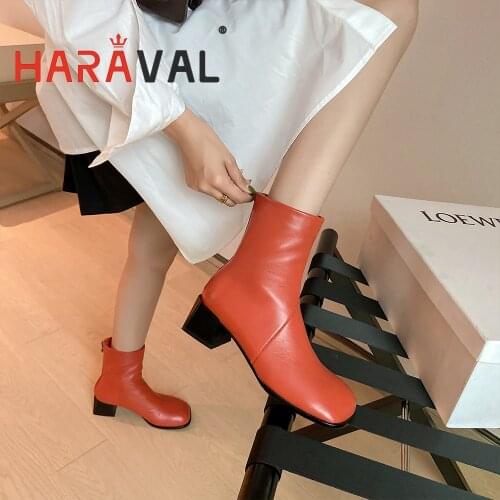 HARAVAL Women Boots Shoes High Heels Motorcycle Boot White Black orange Autumn Winter Short Plush Solid Square Toe Shoes E385L