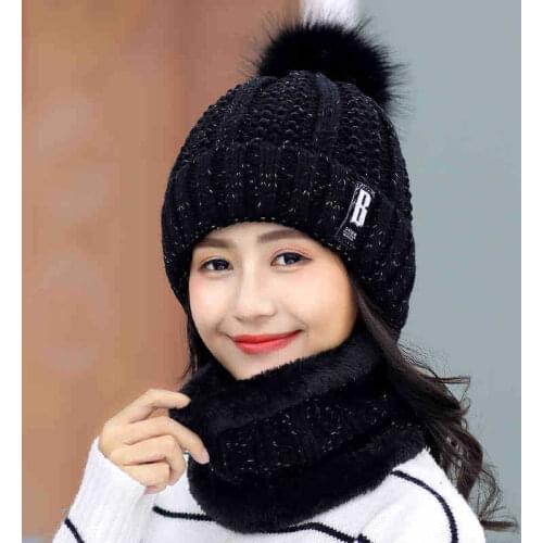 Warm Winter Skullies Beanies Knitted Hat Women Brand High Quality Winter Women Ball Ski Wool Fur Hat PomPoms Hats Knitted Scarf