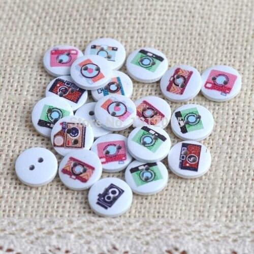 100Pcs Mixed 2 Holes Round Pattern Camera Wooden Buttons Sewing Scrapbooking 15mm DIY Sewing Accessories Button XD5410-13