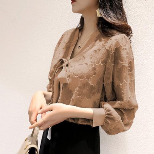Womens Spring Autumn Style Chiffon Blouses Shirt Womens V-Neck Lantern Sleeve Solid Color Lace Up Bow Elegant Tops DD9065
