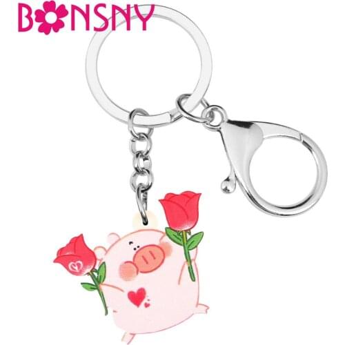 Bonsny Acrylic Valentines Day Anime Pig Rose Key Chain Rings Car Purse Bag Decoration Keychains For Women Girl Teen Charms Gift
