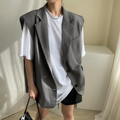 Summer Women Outfits Two Piece Set Vintage Blazer Suits Loose Vest Sleeveless Coat + Short Sleeve Solid Color Bottoming Tops